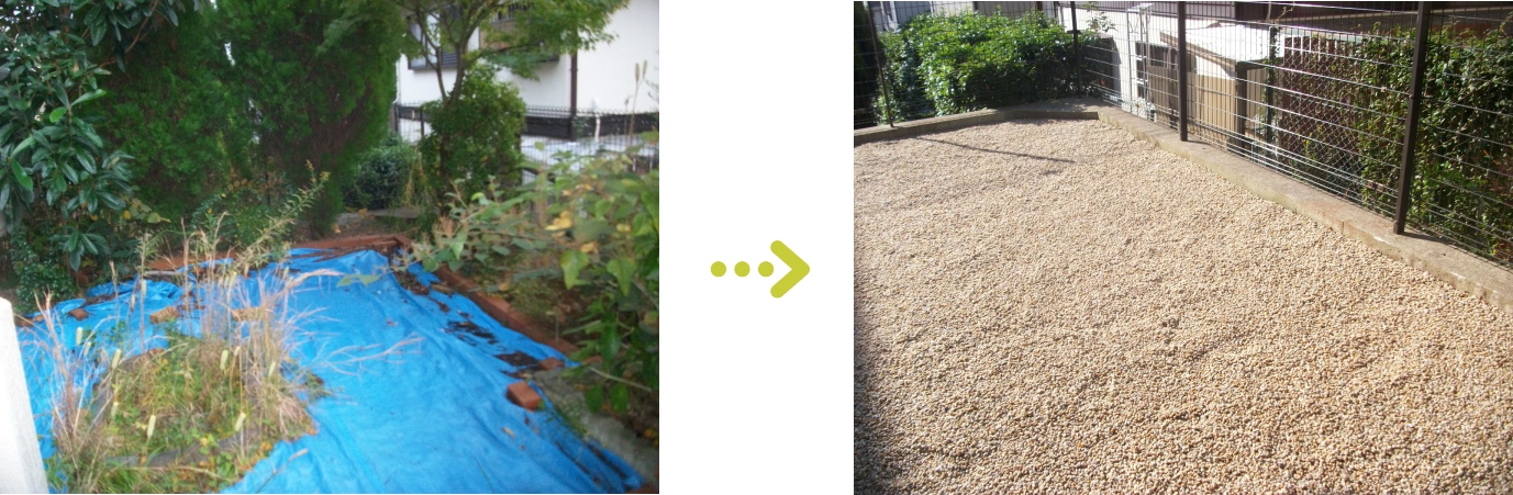 砂利式と除草シ－トの施工前と施工後